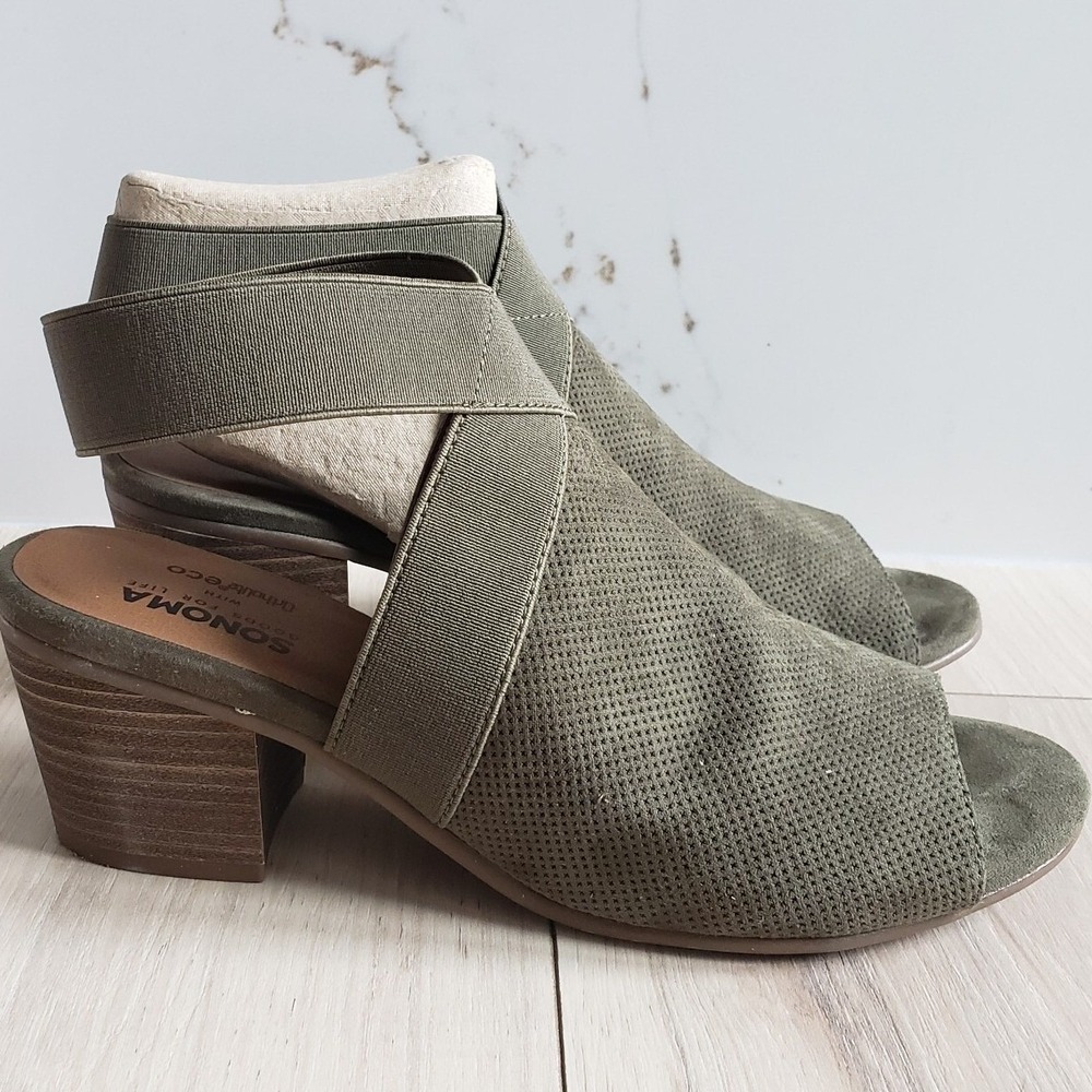 Sonoma Goods For Life Sandals Womens 8 Olive Green Perforated Block Heel Boho
